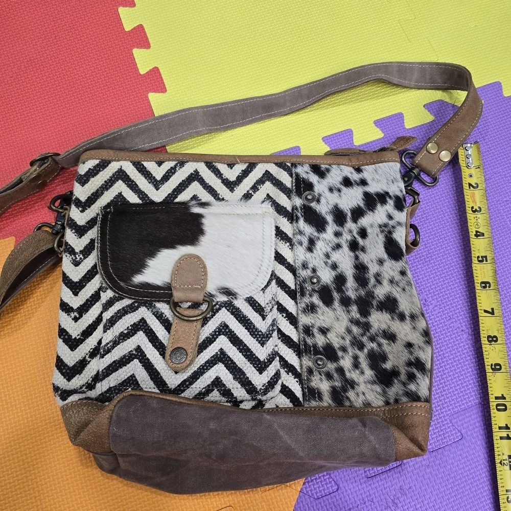 Myra Bag Canvas & Cowhide Leather Crossbody Bag Upcycled Boho Southwest Chevron
